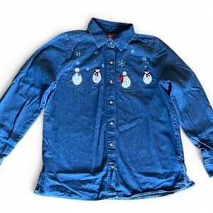 Denim Women’s Medium Embroidered Snowmen Shirt